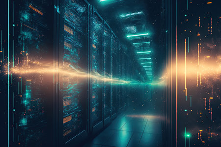 futuristic design technological background on servers in data center. Multiple server racks in a server room with powerful dramatic lightingの素材