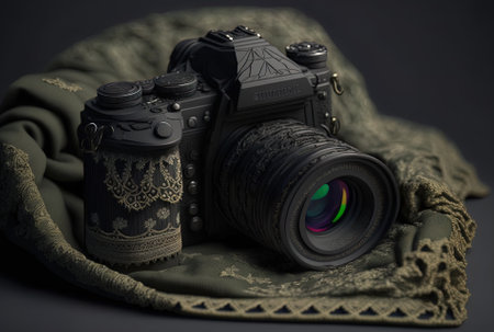 contemporary black camera up close. a digital camera with a large lens on lace and a military style clothing. technology and hobbies ideaの素材