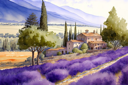 watercolor painting created by hand of a stunning Italian landscape. Painting of a scene for a print with a building home lavender fields farm house agricultural area trees hill and mountainの素材