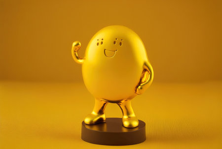 Golden award winner trophy mascot figure with a golden bitcoin coin in a cryptocurrency on a yellow backdrop.の素材