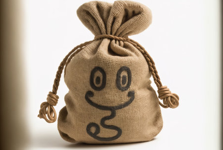 Dollar sign figure mascot and tied rustic canvas and linen money sack or money bag on a white backdropの素材