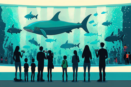 aquarium in a museum. Children and parents enjoying large fish in an underwater zoo horizontal bannerの素材