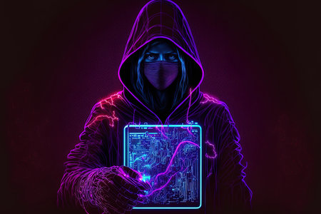 cyberattack by a hacker Strict digital data protection neon light female subject holding tablet with finger in pink fluorescent glow isolated on dark purple red copy spaceの素材