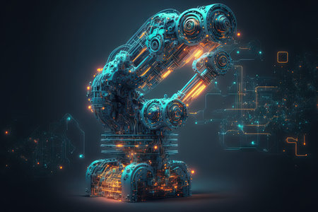 Future vr technology for mechanized industry robot arm control . concept of robotics technology for industrial revolution and automated manufacturing process . Robot arm ai analyzing mathematics for mの素材