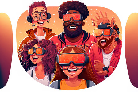Space based Metaverse Futuristic Games Gamer in virtual reality. Character idea in realistic cartoon style. happy folks have a good feeling. Faces of people in joyful grin. a representationの素材