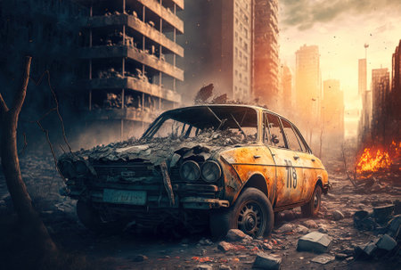 2022 Ukrainian invasion by Russia burned out automobile in a war torn city. Car insurance for war damaged autos that left cities in ruins. Attack of consequences. rubble from a blasted building explosの素材