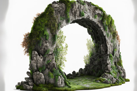 cut out woodland arch made of natural rock. Isolated stone arch on a white backdrop. Old rock and moss covered cave entranceの素材