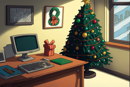 A festive Christmas tree and ornaments are displayed in the business office which is unoccupied and decked out for the season. christmas decorations for a business job celebrating the winter seasonの素材