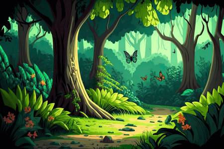 A cartoon depicts a wooded glade in the distance. butterfly adorned brilliant wood. for printing design games websites and mobile devicesの素材
