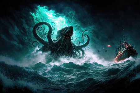 A painting in the style of digital art depicting a dark fantasy scenario where Cthulhu the enormous sea monster is destroying shipsの素材