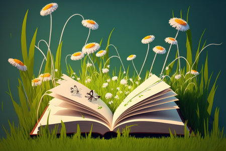 On a bright spring day a book is open in the grass by a field. Beautiful springtime meadow with daisy and dandelion blooms. Concept of knowledge and readingの素材