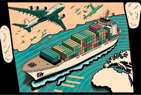 A computerized global map showing a container freight ship and an aircraft engaged in import and export logisticsの素材