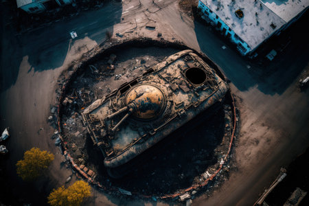 A wrecked tank from the Ukrainian conflict is seen in the village that has been bombarded standing in the center of the street. Aerial image drone perspective of the Kyiv areaの素材