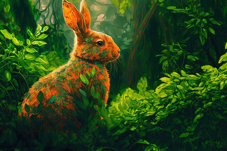 A large untamed orange rabbit or bunny in a lush green woodland (Spring baby rabbit or Easter rabbit)の素材