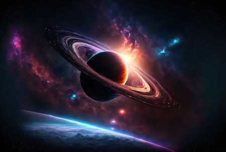 A ringed planet with a realistic galactic backdrop. idea of space. a dazzling night sky. context for a scientific projectの素材