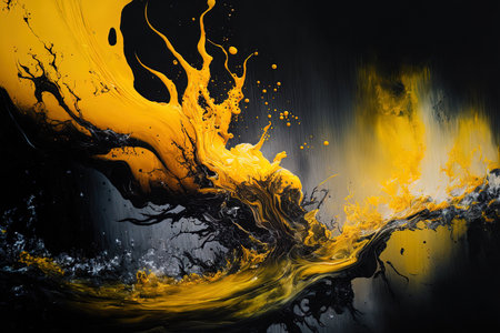 Abstract black and yellow moving acrylic paints over a liquid backdrop with an underwater area and smokey oceanの素材