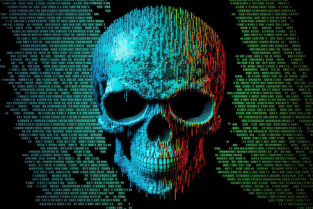 Abstract modern tech of programming code screen with skull computer virus malware and hacker attack conceptの素材