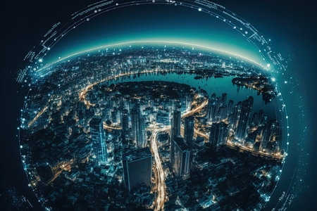 Abstract technological symbols nocturnal aerial panorama of Bangkok Asia. the idea of an inventive strategy to enhance global corporate operations. two fold exposureの素材