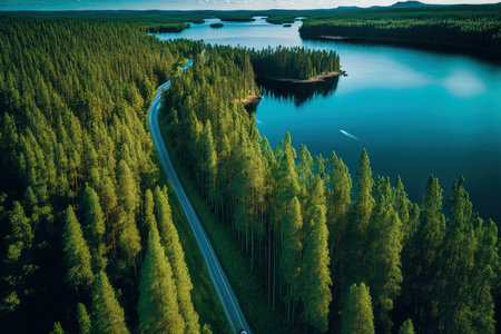 Aerial image in summertime Finland showing a road with automobiles between a green forest and a turquoise lakeの素材