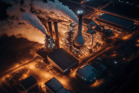 Aerial image of a steel mill at night showing its smokestacks and pipe fire. a metallurgical output blast furnace may be seen in this industrial landmarkの素材