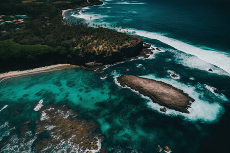 Aerial image breathtaking panorama of the Green Bowl Beach South Bali Indonesia soaked in blue sea on a bright dayの素材