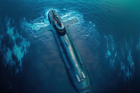 Aerial drone shot shows a modern navy submarine used by the armed services traveling through a deep blue open oceanの素材
