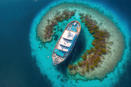 Aerial image of a diving vessel in the water at a well known tiger shark dive spot on Fuvahmulah island in the South Maldives. Marine tourism and the commercial boating sectorの素材
