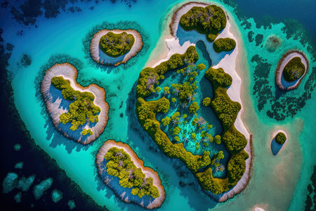 Aerial image of a genuine archipelago of tiny unique atoll islands. Stunning natural landscape backdropの素材
