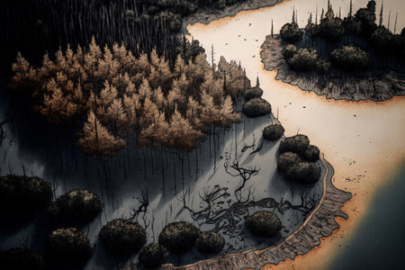 Aerial view of burnt trees and blackened tree trunks on the island of Evia in Greece on August 19 2021. The wildfires burned over 50 thousand hectares in the northern part of the island for ten daysの素材