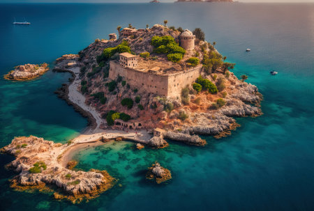 Aerial shot of the picturesque castle on Guvercinada Island (also known as Pigeon Island) in Kusadasi Turkey. The sizable resort community is a well liked travel destination in Turkeyの素材