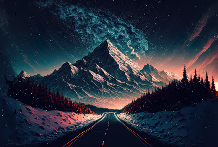Amazing night sky with a mountain range in the center that is covered in snow and a road that is poorly illuminatedの素材