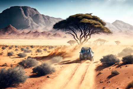 African safaris and adventurous travel. Drought stricken alpine scenery with roadside dust from an off road driving tripの素材