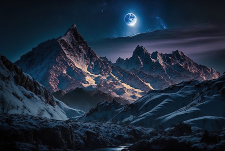 Amazing mountain peaks during the night in the highlands Moonlight casts a lovely glow on the mountain slopes at night.の素材