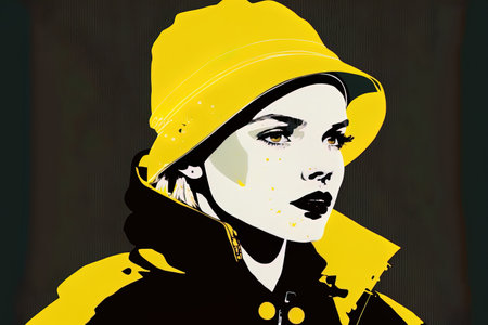 Girl with a coat and cap in a portrait. Black and yellow make up the hues. rosy lips Round linear abstraction in the minimalist fashion. T shirt prints postcards posters fashion and designs from tの素材