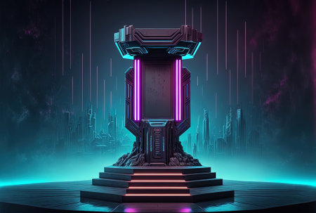 Cyberpunk virtual reality simulation and metaverse scenario stand pedestal stage illustration with abstract background for an esports video gameの素材