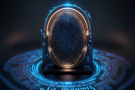 Fingerprint scanning biometric authentication cybersecurity and fingerprint password future technology and cybernetic. E kyc (electronic know your customer) technology against digital cyber crimeの素材