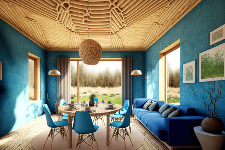 Country living room with bamboo ceiling blue eco friendly interior design sustainable parquet dining table and chairs. Concept for sustainable recyclable buildingの素材