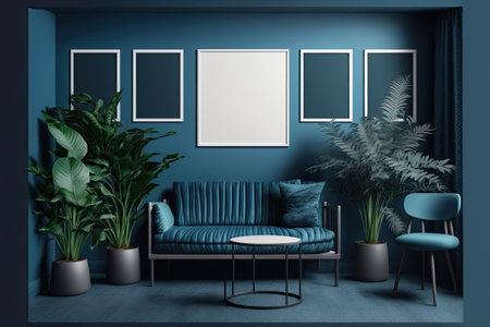 Flat color poster showcase room with five frames on the wall monotone dark blue gallery wall with chairs and plantsの素材