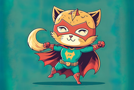 Cartoon symbol of a cute kitty super hero. Conceptual illustration of an animal hero. cartoonishly flatの素材