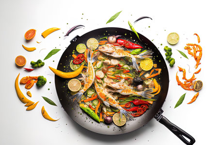 Flying fresh seafood and veggies in a skillet on a white backdrop. Fresh dinner being prepared and ready to cook. extreme sharpnessの素材