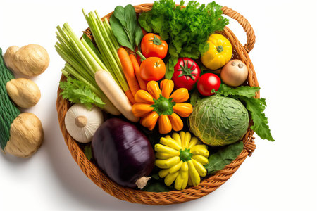 Basket of vegetables isolated on a white background. Creative arrangement of cabbage celery potato pepper onion carrot garlic lemon tomato and herbs. concept of healthy eating. top perspectivの素材
