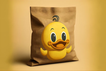 Cute yellow cartoon duck figure mascot with a dollar sign on a rustic canvas money bag or sack with a yellow backdropの素材