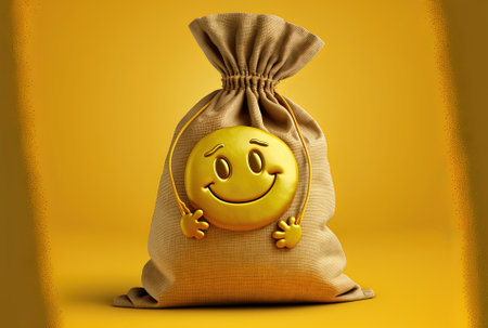 Golden loyalty program bonus coin character mascot money bag with a dollar sign on a yellow backdrop and a knotted rustic canvas money sack or money bagの素材