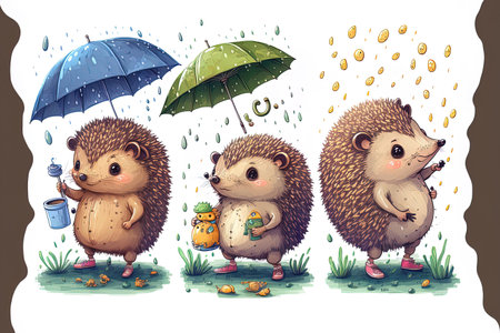 Cute hedgehog attitudes and motions. Cartoon wild animal jogging carrying food reading playing with a baby and strolling in the rain. an example of nature and wildlifeの素材