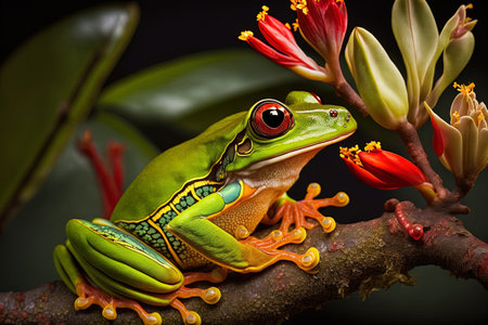 Beautiful tree frog on a branch rachophorus reinwardtii javan tree frog flying frog perched on flower budsの素材