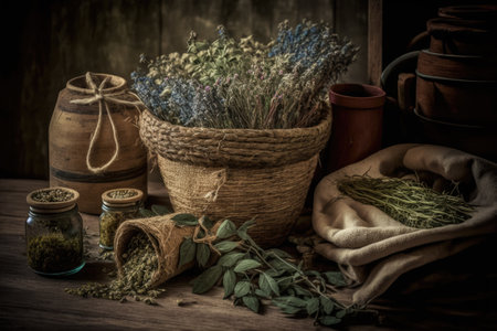 Herbal tea and dried herbs from the meadow sit on a shabby wooden table. Bags baskets mortars and bundles full of dried herbs for medical use. Plant processing for use in phytotherapy and health imの素材