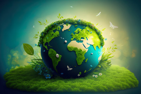 Global eco friendly environment ecological and environmental preservation Earth Day and go green backdrop idea with world map on green grass lawnの素材