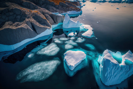 Drone aerial photo of icebergs depicting climate change and global warming. Icebergs from a melting glacier may be seen near the Greenlandic town of Ilulissat. Ice landscape in the Arctic is a Unescoの素材