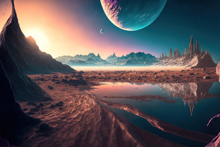 Beautiful view from an extraterrestrial planet an alien surface a spectacular perspective of a place that is unknown or a fantastical worldの素材