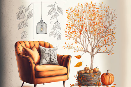 Branches of a tree orange yellow and red fall leaves and an interior design scenario. Idea for a natural ecology concept. Rattan furniture in a bohemian living room. a bohemian style for the homeの素材